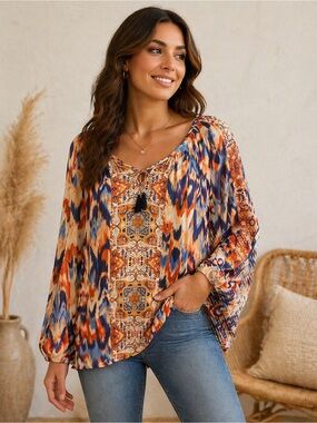 Fred Orange & Blue Boho Peasant Blouse with Tassel Tie